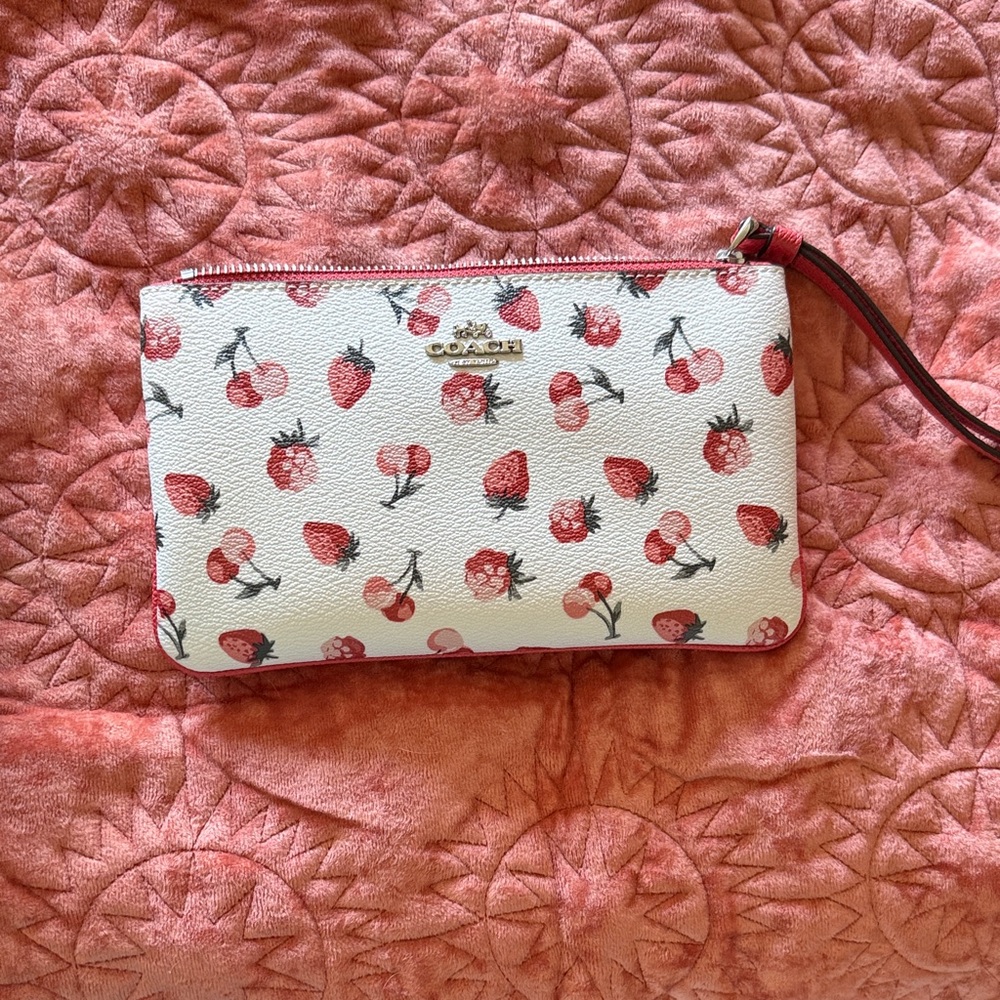 Coach White and Pink Wristlet with Berry Print